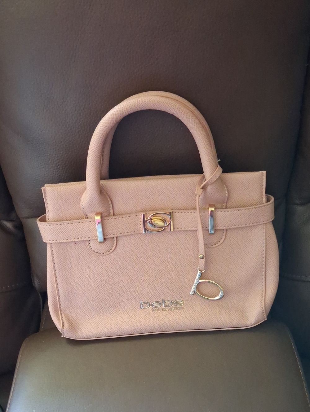 bebe Pale Pink Textured Top-Handle Satchel with Gold Hardware